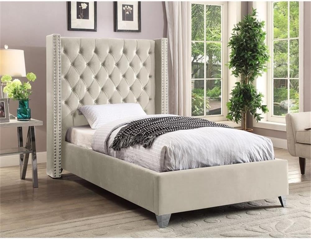 Meridian Furniture Aiden Collection Modern | Contemporary Velvet Upholstered Bed with Deep Button Tufting, Solid Wood Frame, and Custom Chrome Legs, Twin, Cream