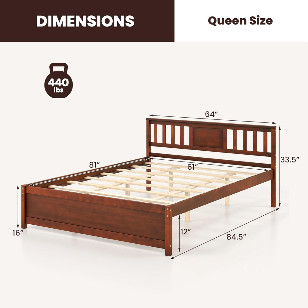 Giantex Queen Size Solid Wood Platform Bed Frame, Mid Century Queen Bed Frame with Headboard, Wood Slat Support, Panel Bed, No Box Spring Needed, Easy Assembly, Walnut