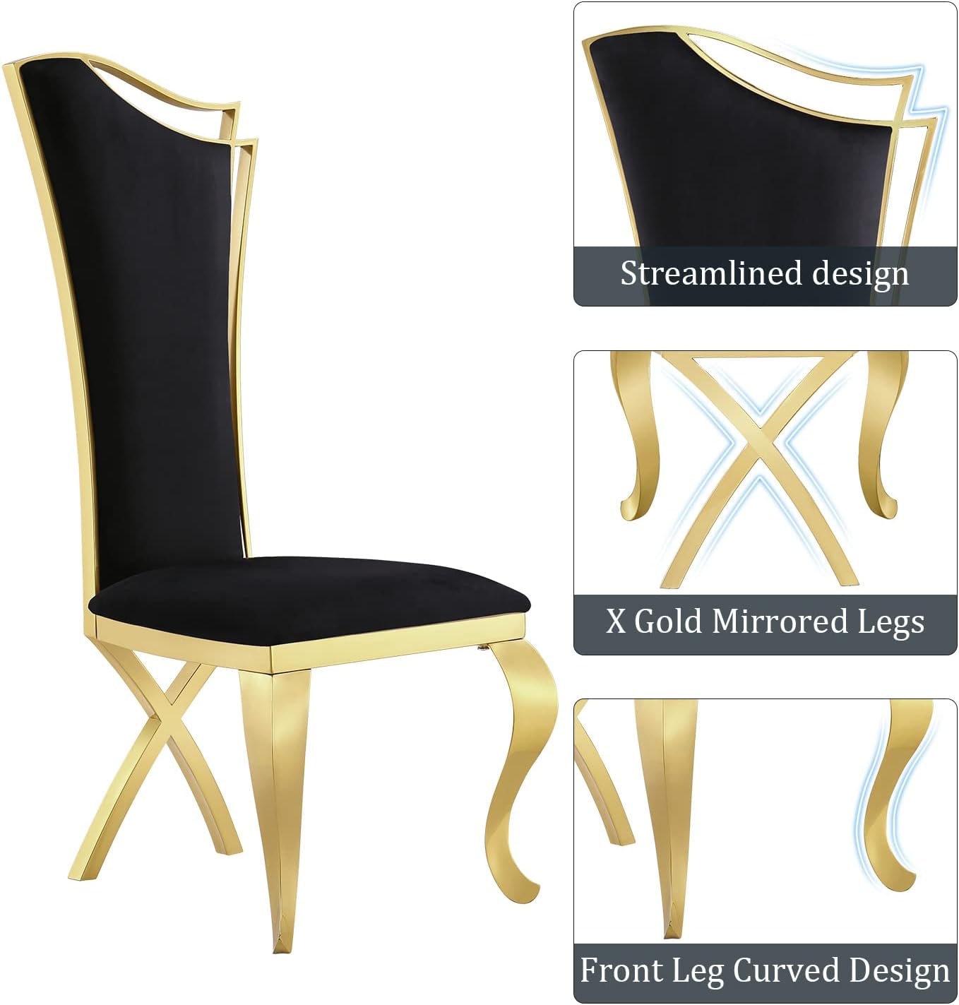 ACEDÉCOR 7 Piece Black and Gold Dining Table Set, Modern Kitchen and Dining Room Table Set with Stainless Steel U-Base and 6 Black Velvet Upholstered Dining Chairs