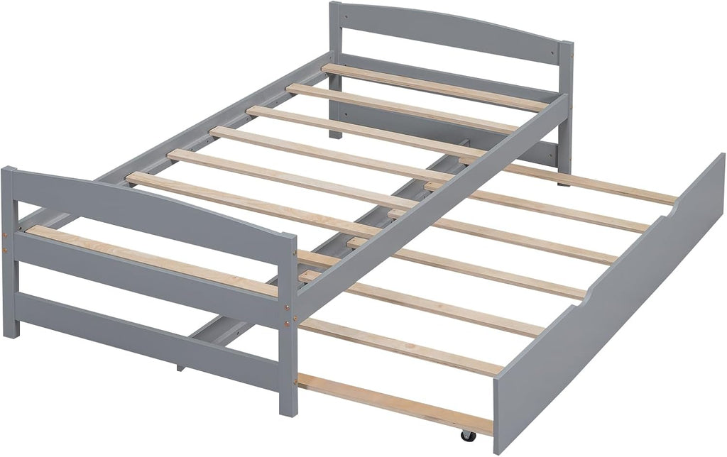 Bellemave Twin Size Kids Bed with Trundle, Wood Twin Daybed with Storage, BedFrames for Kids, Adults, Gray