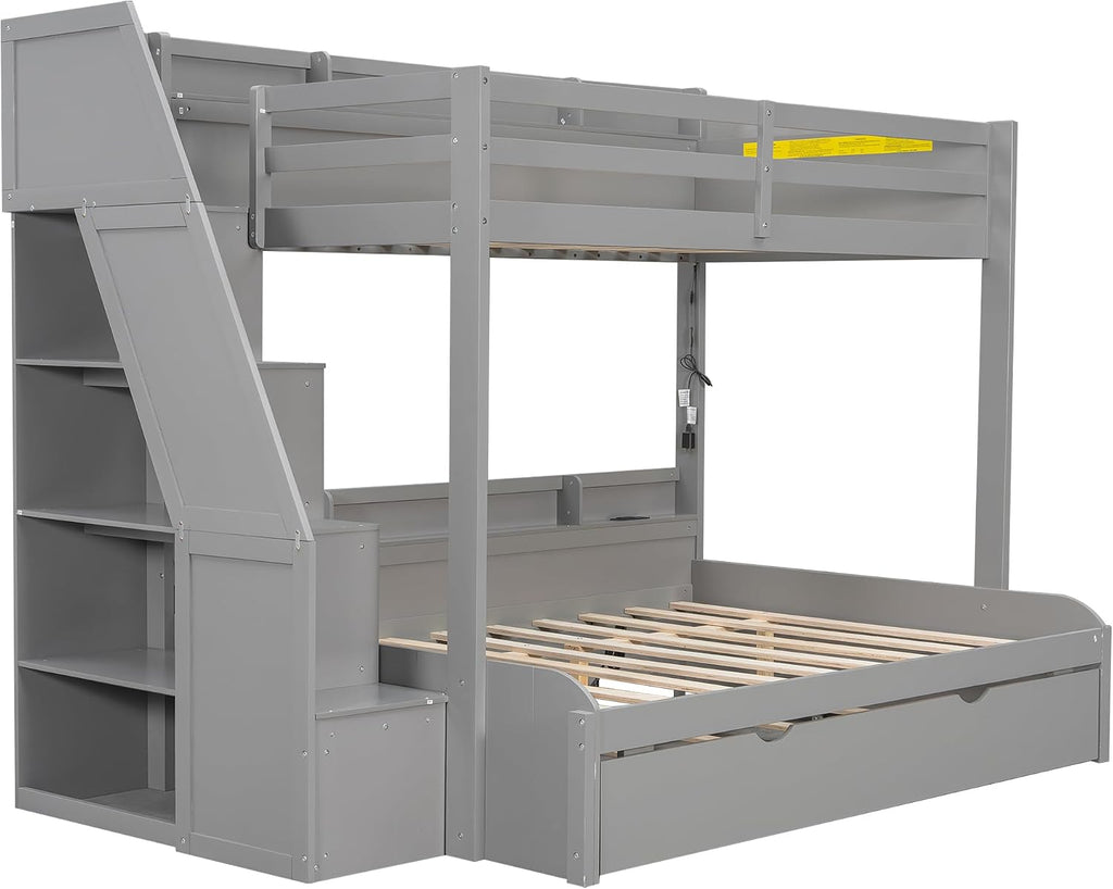 Twin Over Full Bunk Bed with Storage Staircase and Trundle,Storage Shelves, LED and USB,for Kids Teens Adults Bedroom Use (Grey-USB, Twin Over Full)