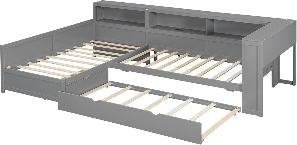 Ball & Cast Twin Size L-Shaped Platform Bed with Trundle and a Drawer,Wood Daybed Frame w/Charging Station & Slat Support,Space-Saving Bedroom Furniture for Dorm,Apartment,Grey