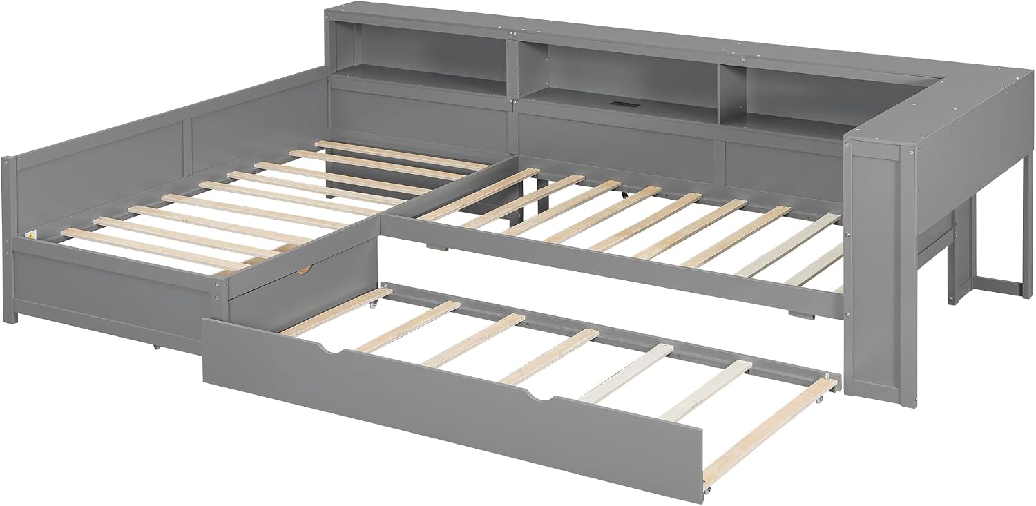 Ball & Cast Twin Size L-Shaped Platform Bed with Trundle and a Drawer,Wood Daybed Frame w/Charging Station & Slat Support,Space-Saving Bedroom Furniture for Dorm,Apartment,Grey