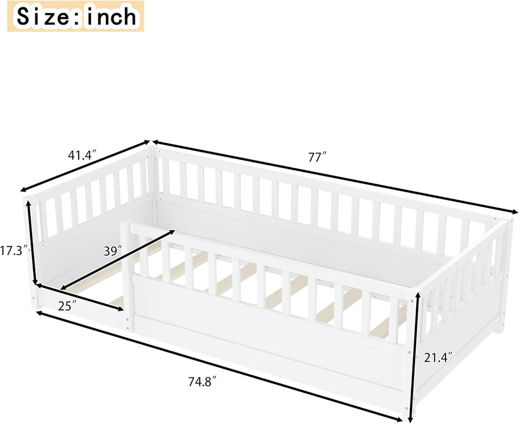 Bellemave Twin Size Montessori Floor Bed with Fence, Easy Assemble Montessori Beds for Kids, Girls, Boys, White