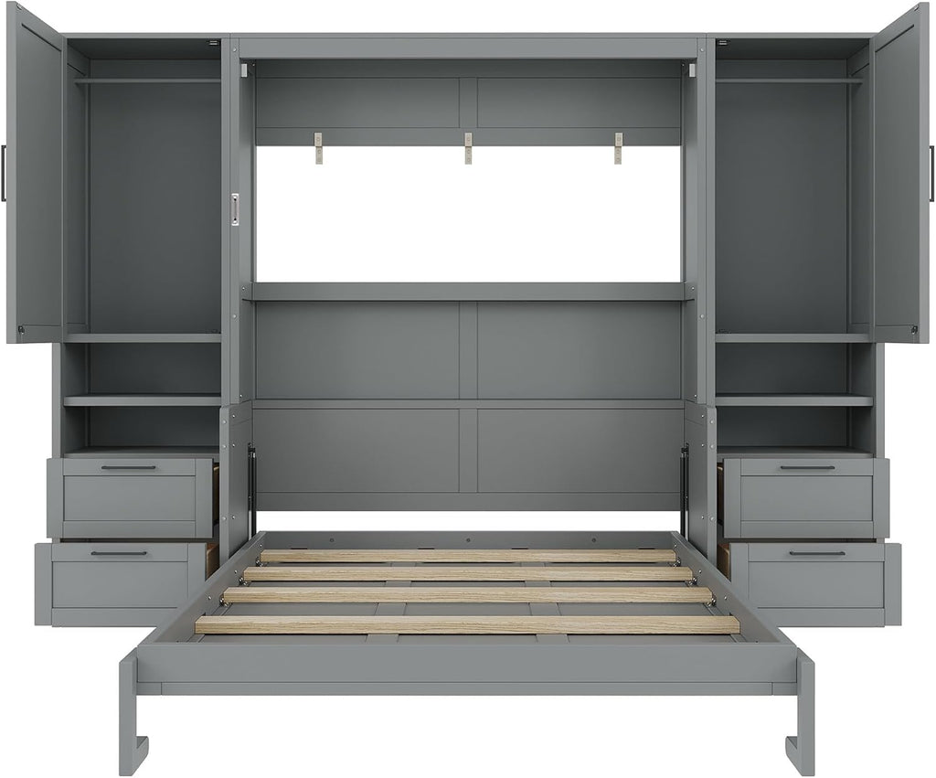 Merax Queen Size Murphy Bed with Desk, Multifunctional Foldable Wall Bed with Closet, Drawers and Shelves, Space-Saving Wood Platform Bed Frame for Small Spaces Studio Study Office Guest Room, Gray