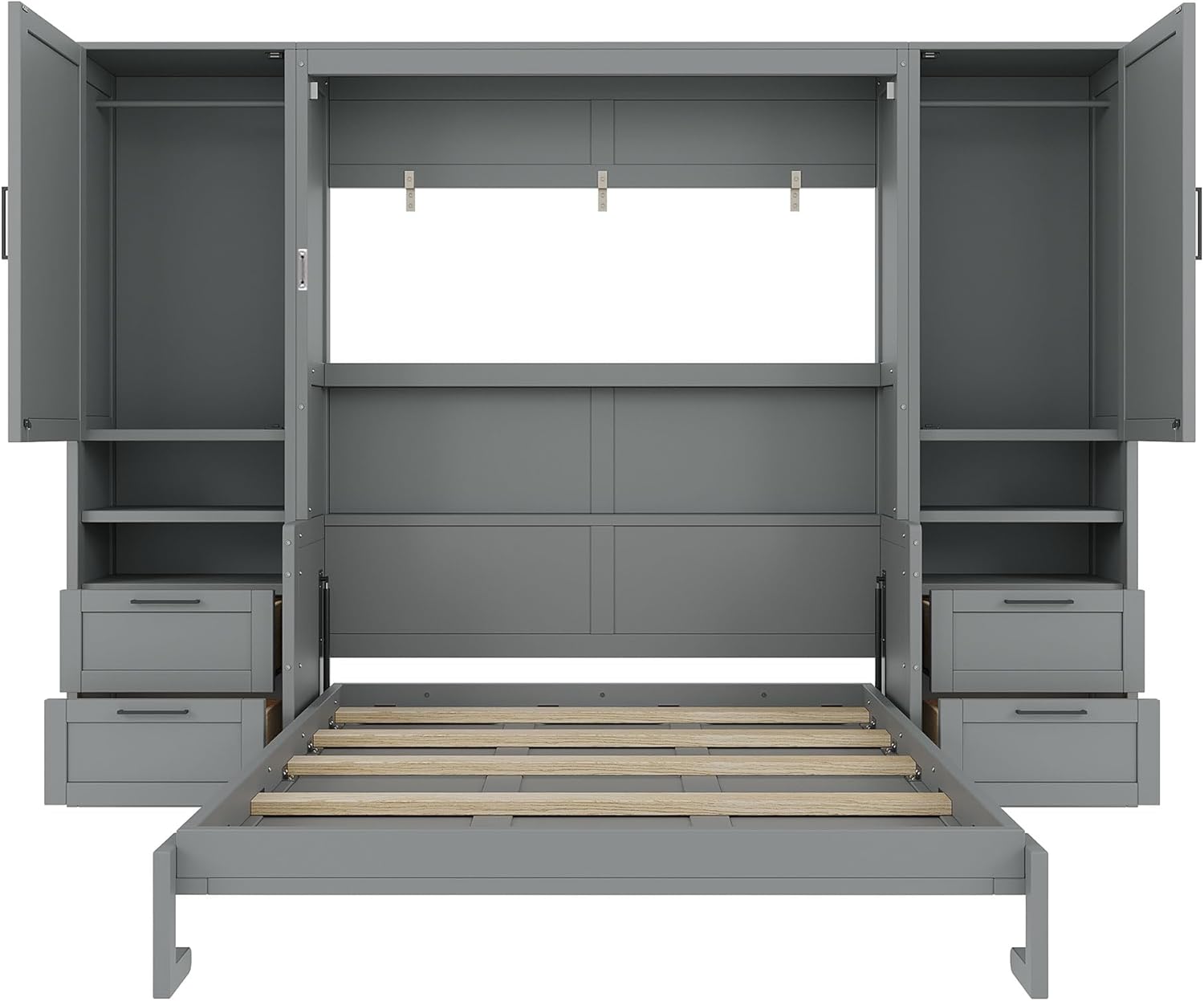 Merax Queen Size Murphy Bed with Desk, Multifunctional Foldable Wall Bed with Closet, Drawers and Shelves, Space-Saving Wood Platform Bed Frame for Small Spaces Studio Study Office Guest Room, Gray