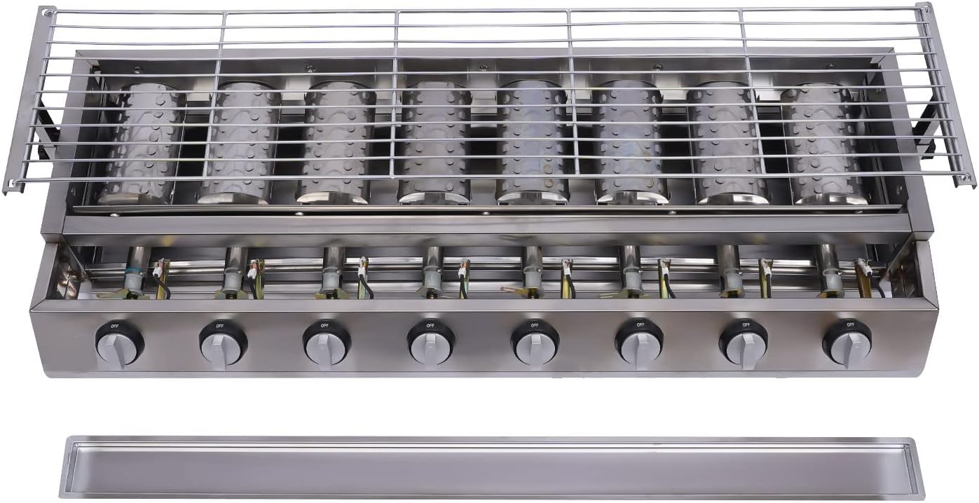 8 Burner BBQ Gas Grill, Stainless Steel LPG Propane Indoor Steak Grill Countertop Flat Top Griddle Tabletop Patio Garden Barbecue Grill with Removable Grill Net for Kitchen, Height Adjustable