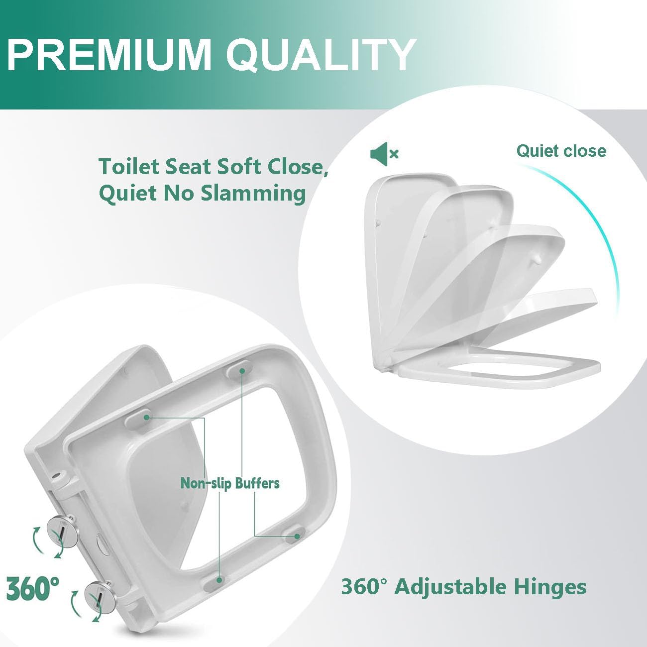 Soft Close Toilet Seat with Quick Release Hinge - White PP Material Rounded Design Easy Clean Top Fixing
