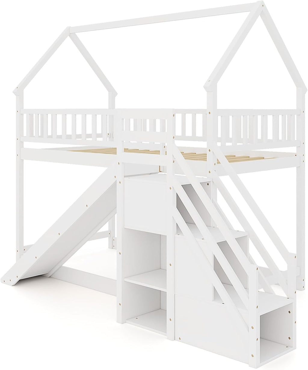 KOMFOTT Wood Twin Over Twin Bunk Bed with Slide & Staircase, Twin House Bunk Bed with Safety Guardrails & Storage, Floor House Bed with Wooden Slat Support for Boys Girls, No Box Spring Needed (White)