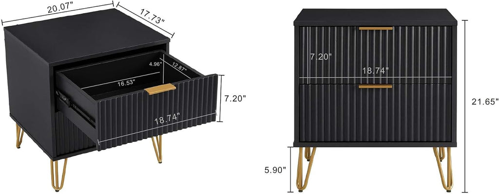 Manhattan Comfort Dumbo Modern Nightstand 2.0 with 2 Metal Feet | Splayed Gold Legs | Vertical Ribbed Design | No Tool Assembly Storage for Bedroom, Set of 2, Black