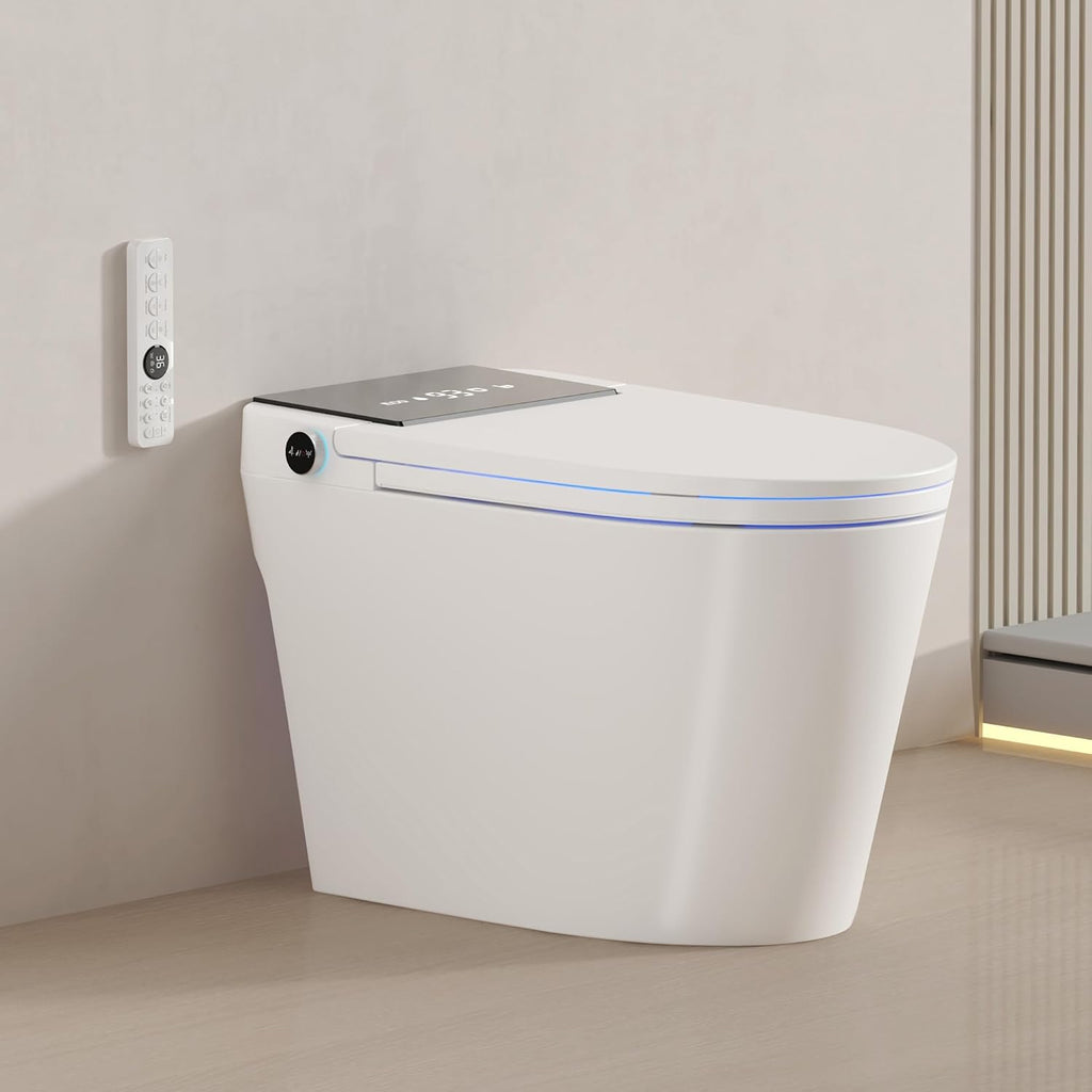 Smart Toilet with Bidet Built-In – Heated Seat, Dual Auto Flush, Tankless Design, Foot Sensor, Warm Water & Dry Function, Modern Elongated Electric, LED Display, 1000g MAP Flush, 1.28 GPF