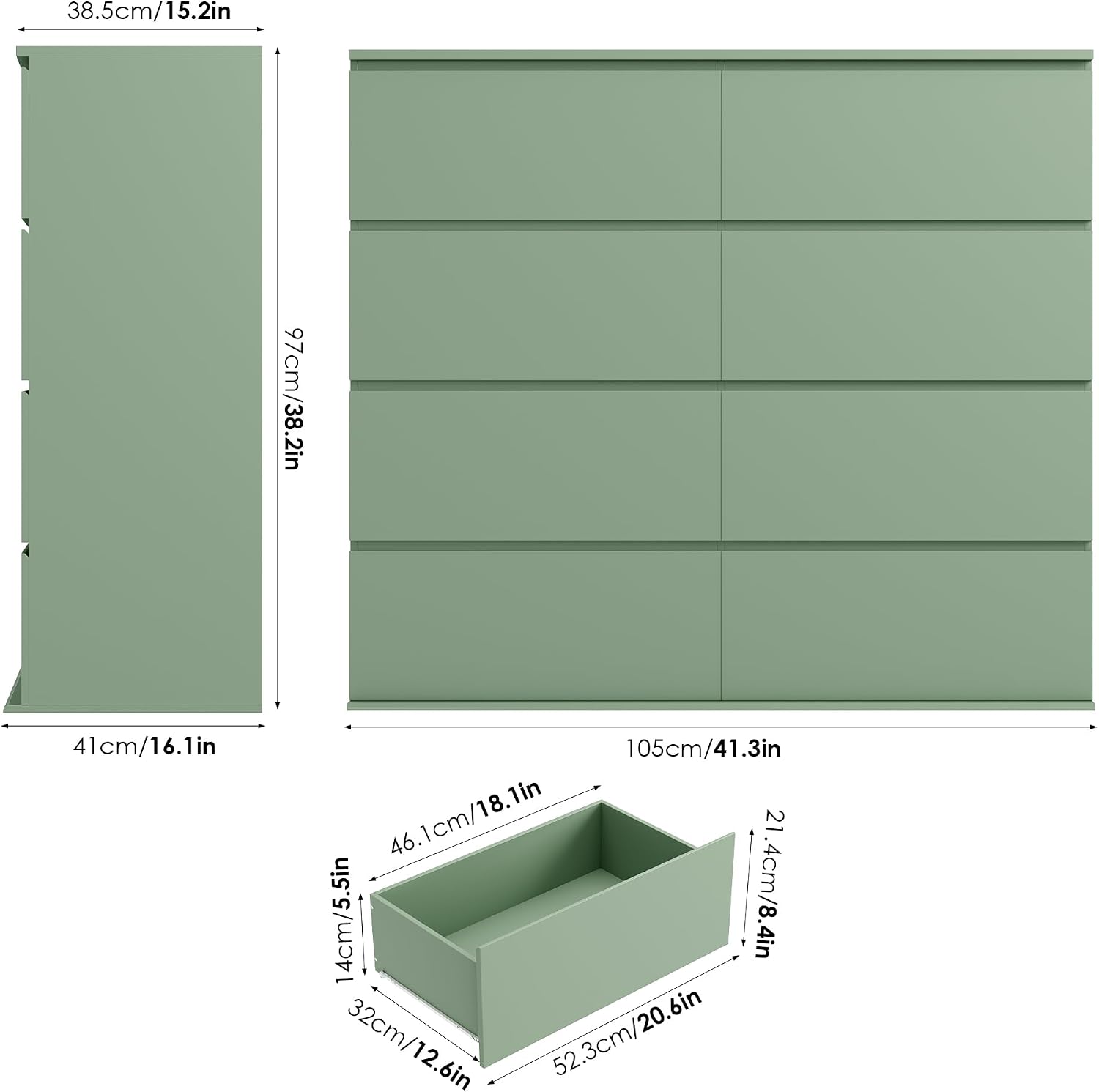 FINETONES Dresser for Bedroom, 8 Drawer Dresser Double Chest of Drawers, Modern Wood Dressers with Deep Drawers for Living Room, Green