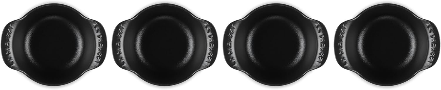 Le Creuset Enameled Cast Iron Gourmand Collection Set of 4 Mini Round Cocotte, .3 qt., Matte Black w/Stainless Steel Knob