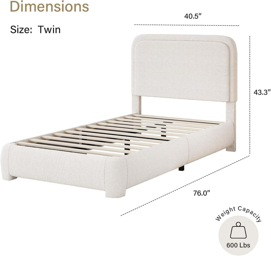 BarnFurin Twin Bed Frames,Cloud Boucle Upholstered Platform Bed Frame with Headboard, Soft Rounded Corners, Noise Free, Easy Assembly, Beige