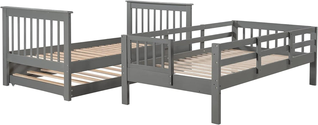 Wooden Twin Size Bunk Bed with Trundle & Storage Staircase & Shelves,Twin over Twin Bunk Bed Frame with Safety Guardrails,Headboard and Footboard for Kids Teens Adults,No Box Spring Needed,Grey