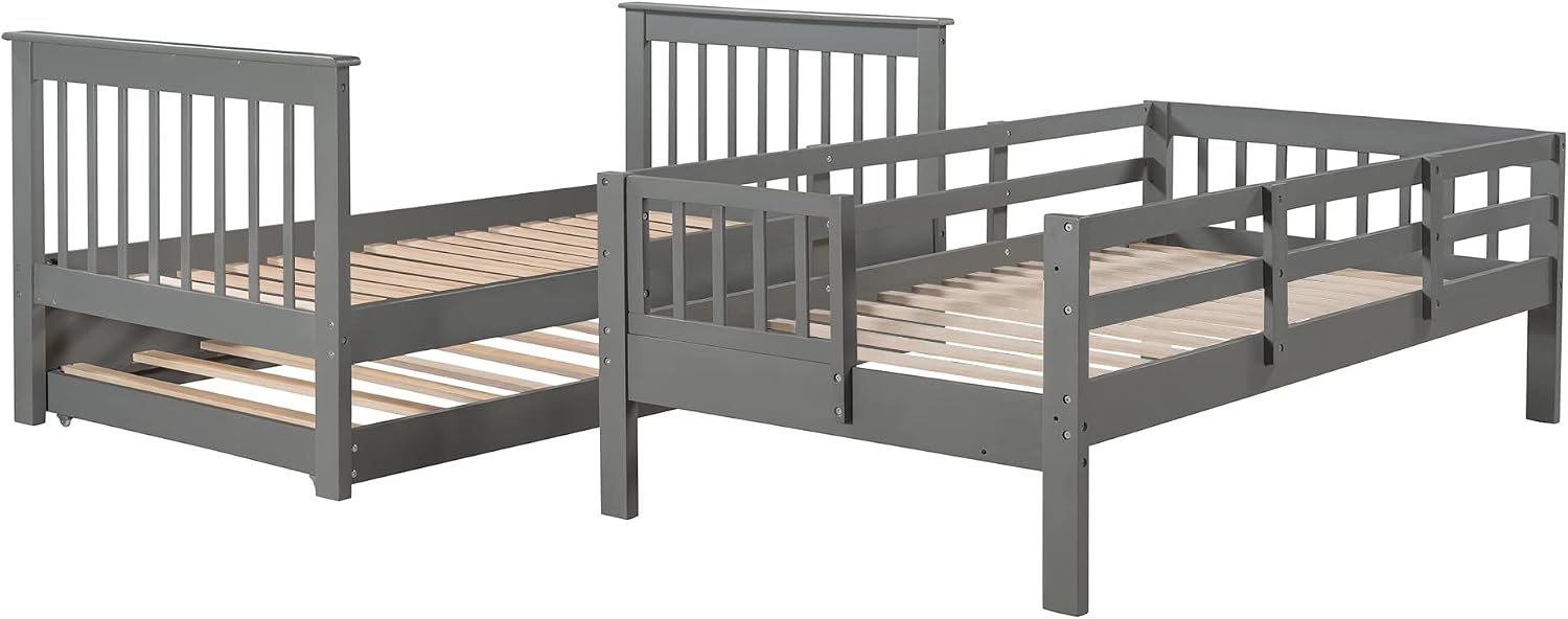 Harper & Bright Designs Twin-Over-Twin Bunk Bed with Trundle and Storage Staircase, Solid Wood 3 in 1 Stairway Bunk Bed with Trundle, Grey