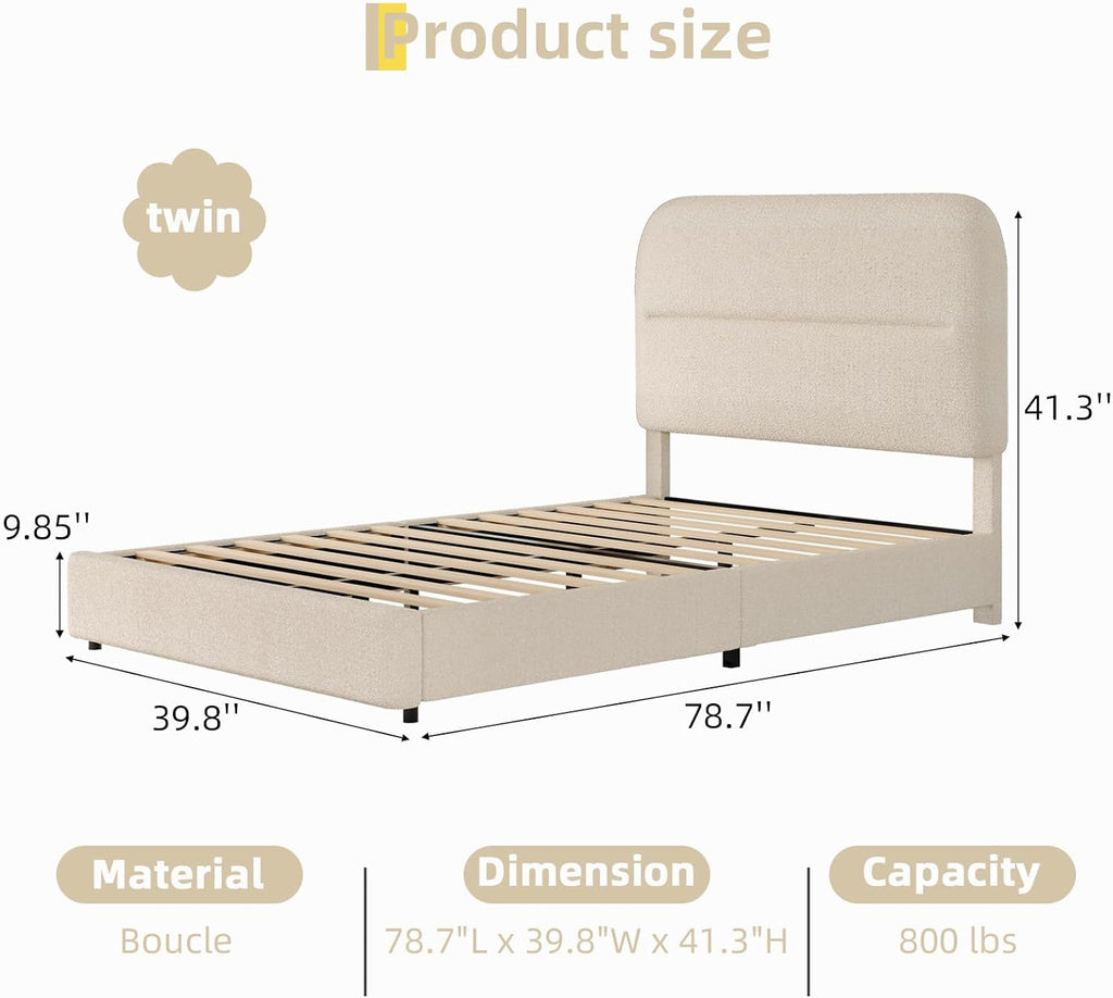HOMBCK Twin Bed Frames with Headboard, Twin Size Boucle Upholstered Bed Frame for Kids, Soft Rounded Corners, Wooden Slats Support, No Box Spring Required, Easy Assembly, Cream