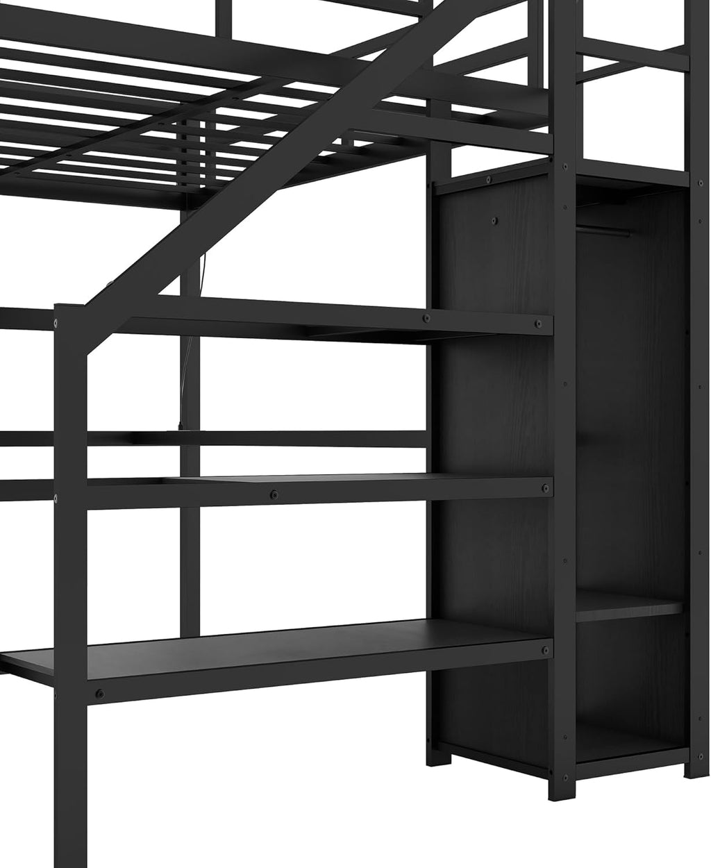 Ball & Cast Twin XL Size High Loft Bed with LED Light Strip & USB,Metal Bedframe W/L-Shape Desk & Built-in Storage Staircase,Wardrobe & Adjustable Shelf,Bedroom Furniture Set for Kid Teen Adult,Black