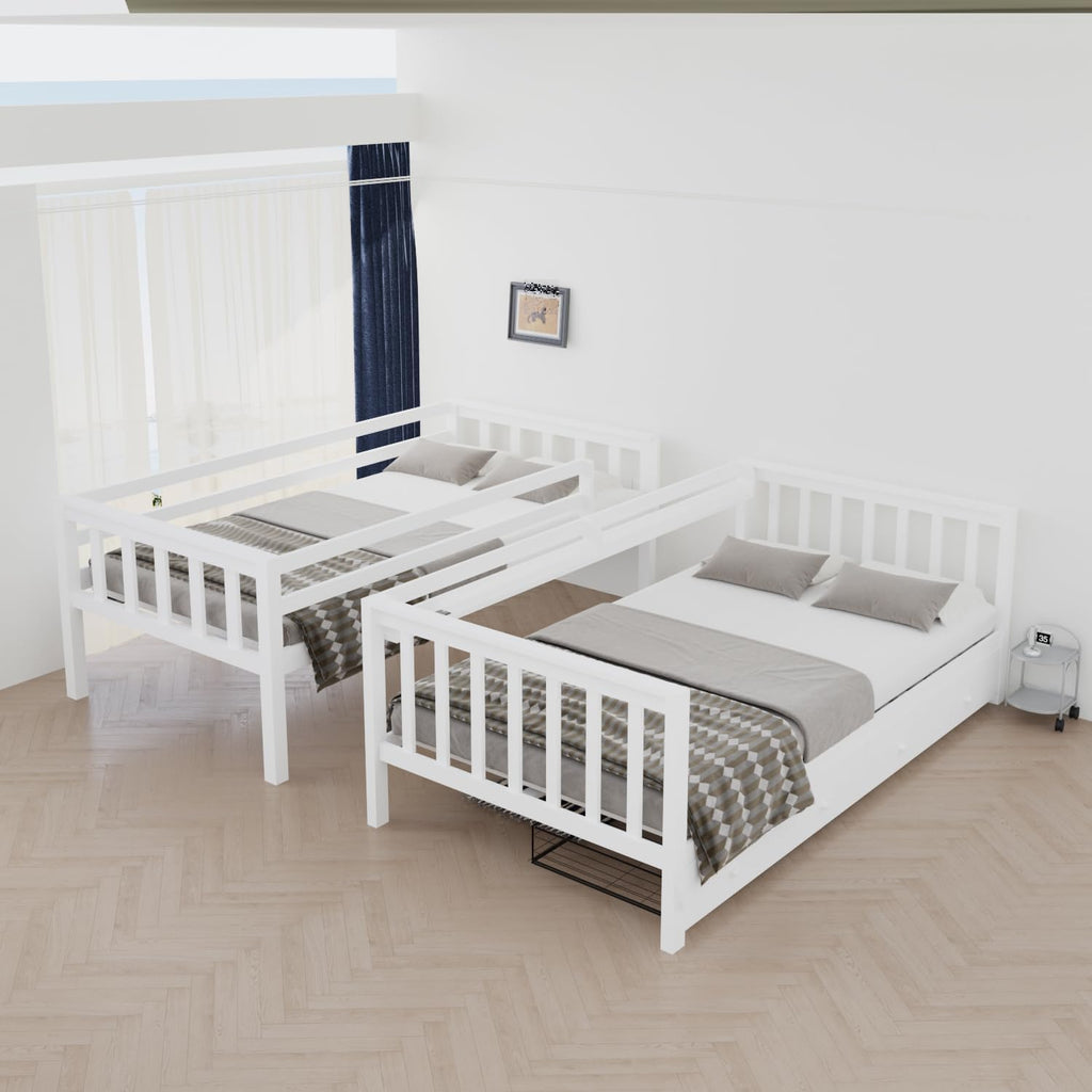 FJTJBSI Solid Wood Bunk Bed with Charging Station and LED Lights Detachable Bunk Bed Twin Over Twin with 2 Storage Drawers Full Size Bed Frame with Guardrail and Ladder for Kids Adults Bedroom
