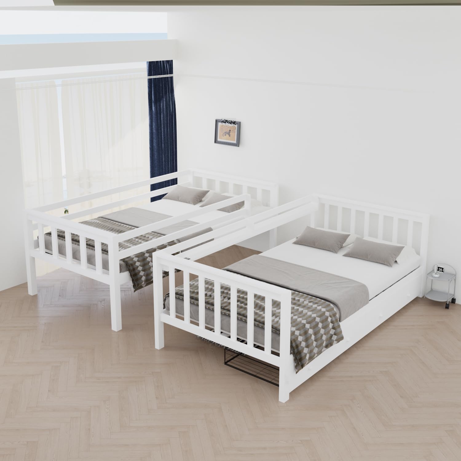 FJTJBSI Solid Wood Bunk Bed with Charging Station and LED Lights Detachable Bunk Bed Twin Over Twin with 2 Storage Drawers Full Size Bed Frame with Guardrail and Ladder for Kids Adults Bedroom