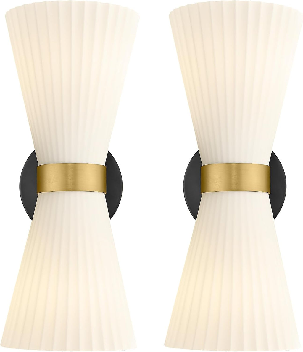 Wall Sconces Set of Two, HWH 14.3 Inch Black and Gold Bathroom Sconces with Frosted Milk White Striped Glass, Up Down Modern Wall Light fixtures for Living Room Bedroom, 5HZG97B-2W-2PK BK+BG