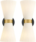 Wall Sconces Set of Two, HWH 14.3 Inch Black and Gold Bathroom Sconces with Frosted Milk White Striped Glass, Up Down Modern Wall Light fixtures for Living Room Bedroom, 5HZG97B-2W-2PK BK+BG