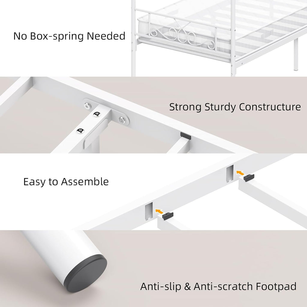 Weehom Twin Canopy Bed Frame with Headboard and Footboard, 4 Posters Metal Bed Frame, No Box Spring Needed, Mattress Foundation Platform Bed for Kids and Adults, White