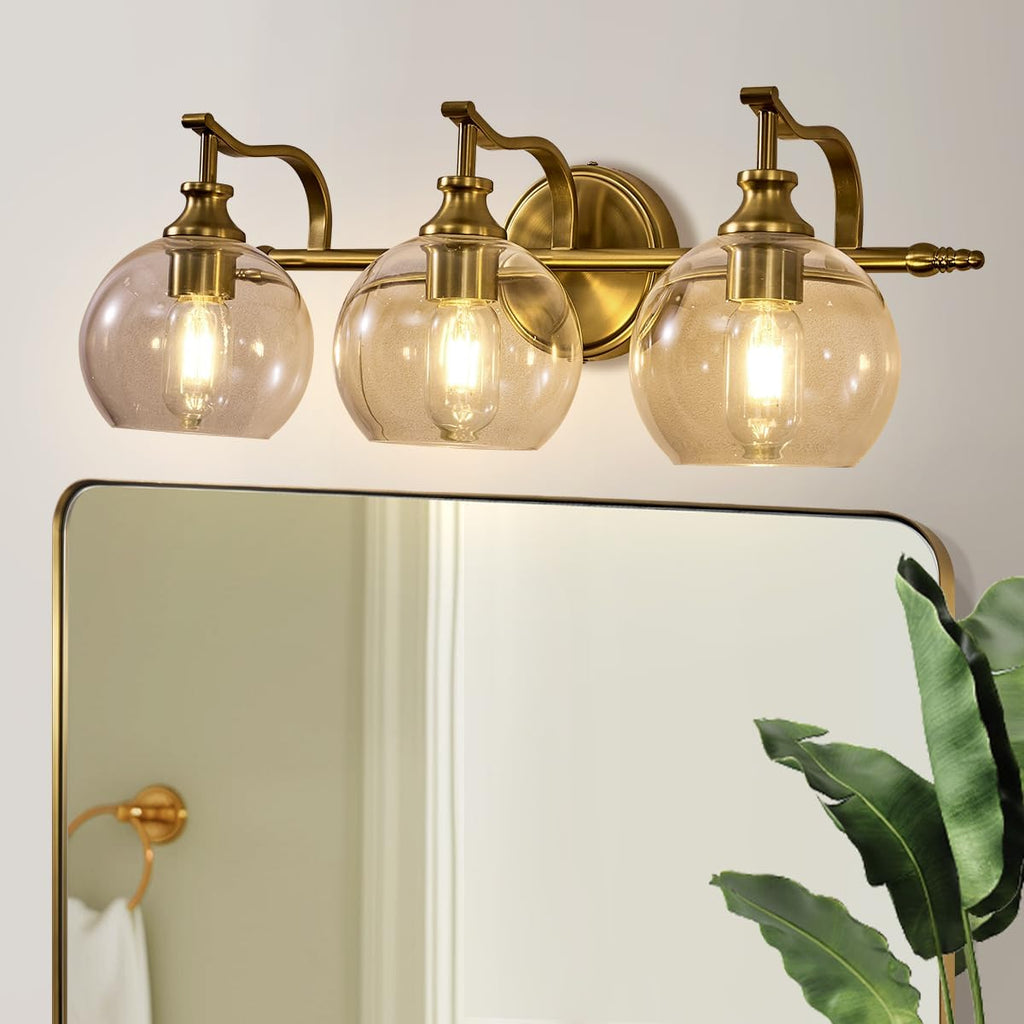 ANDY STAR Bruhsed Gold Bathroom Light Fixtures, Gold 3 Light Bathroom Vanity Lights, 3 Lights Wall Light with Globe Clear Lampshade, Vintage Brass Sconce with Metal Lamp Body for Bedroom, Living Room