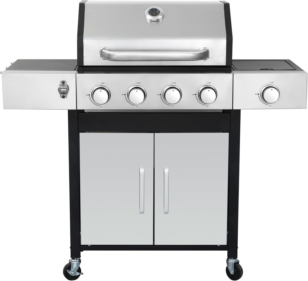 3-Burner Propane Gas BBQ Grill, Stainless Steel Propane Grill 36,900 BTU Outdoor Cabinet Style with Wheels, Wire Rack and Two Foldable Side Table for Outdoor Barbecue Cooking (5-Burner Grill,Silver)