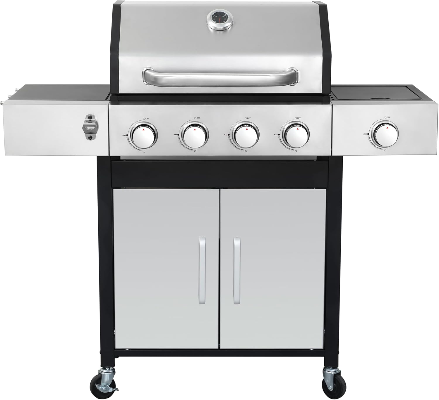 3-Burner Propane Gas BBQ Grill, Stainless Steel Propane Grill 36,900 BTU Outdoor Cabinet Style with Wheels, Wire Rack and Two Foldable Side Table for Outdoor Barbecue Cooking (5-Burner Grill,Silver)