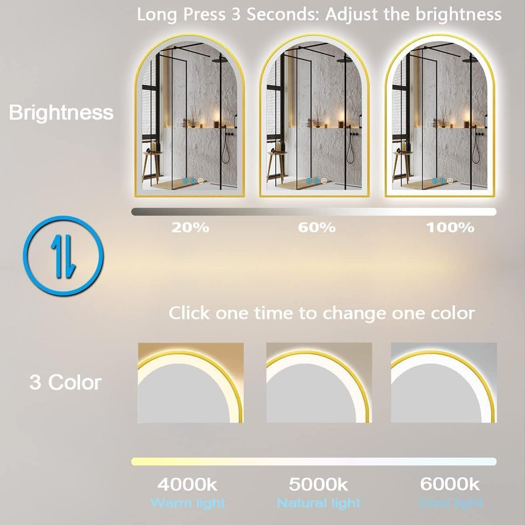 20x32 Inch Gold Bathroom Arch Vanity Mirror with Light Gold Frame Arch LED Mirror for Bathroom Wall Arched Lighted Mirror Anti Fog Dimmable 3Color 32' Gold Framed Arch Smart LED Light up Mirror