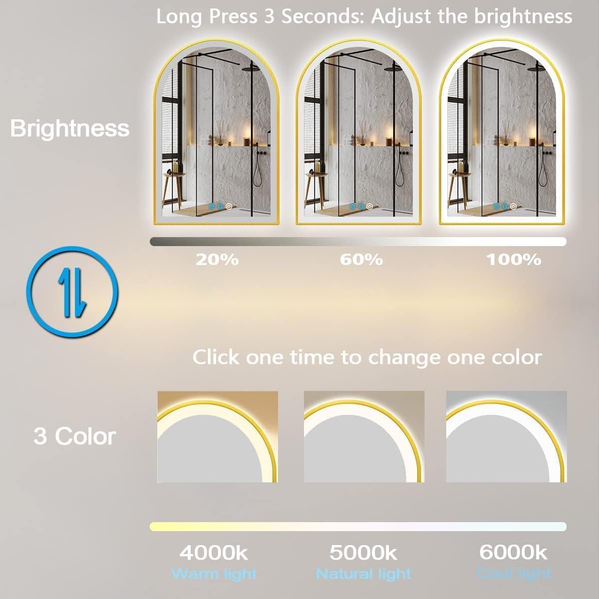 20x32 Inch Gold Bathroom Arch Vanity Mirror with Light Gold Frame Arch LED Mirror for Bathroom Wall Arched Lighted Mirror Anti Fog Dimmable 3Color 32' Gold Framed Arch Smart LED Light up Mirror