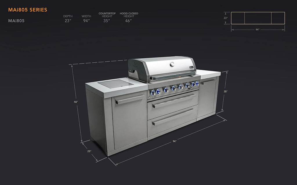 Mont Alpi Premium 94'W x 23'D x 46'H Stainless Steel Modular Outdoor Kitchen Island with Infrared Side Burner + 44'W 6-Burner BBQ Gas Grill + White Granite Countertops + Storage Cabinets & Drawers