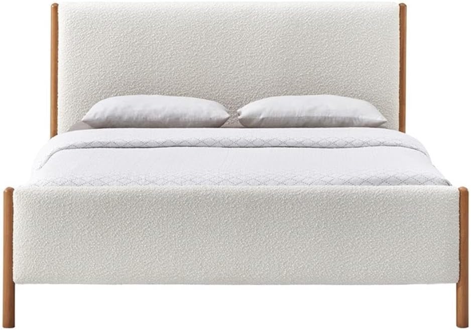 Liana Modern Style Upholstered Platform Bed with Soft Boucle Fabric and Solid Wood Legs - Box Spring Not Required - White Boucle, Queen Size