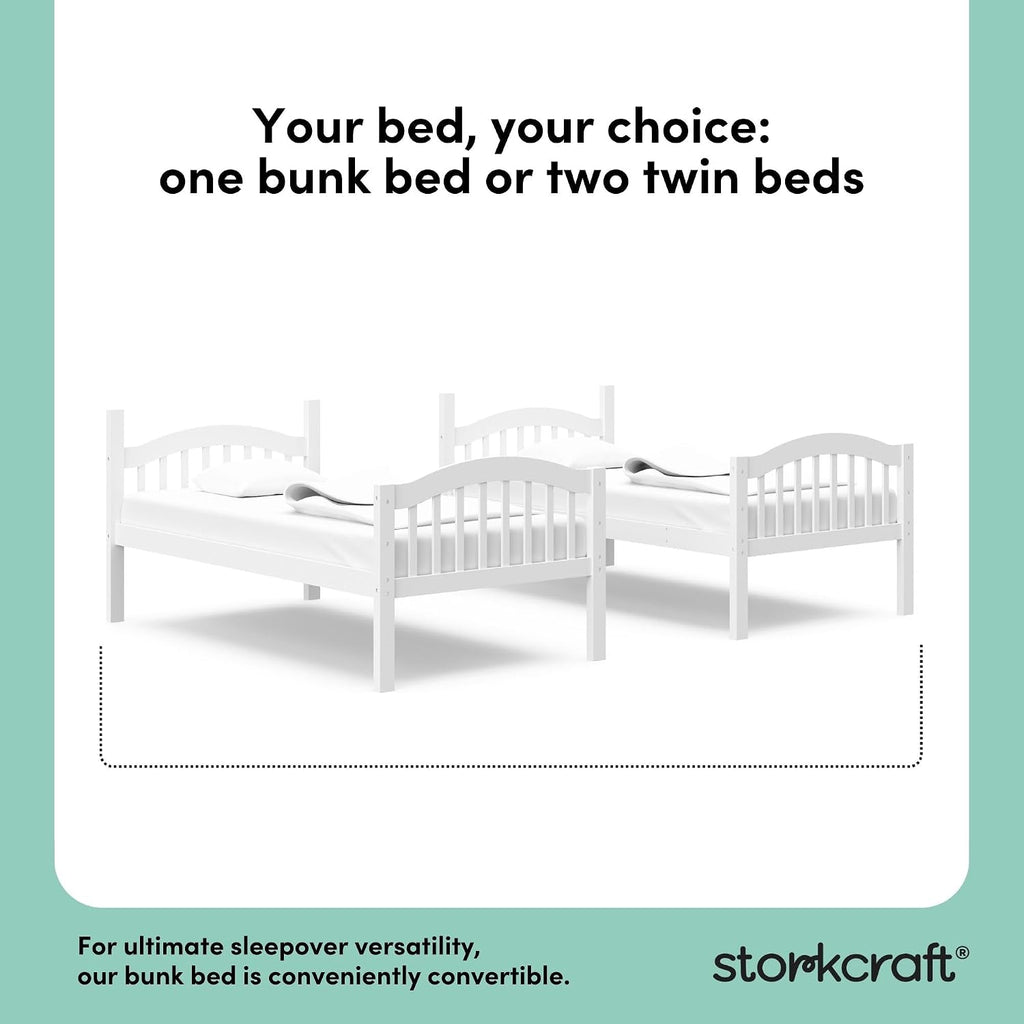 Storkcraft Long Horn Twin-Over-Twin Bunk Bed (White) - GREENGUARD Gold Certified, Converts to Two Twin Beds, Wood Bunk Bed for Kids Bedroom