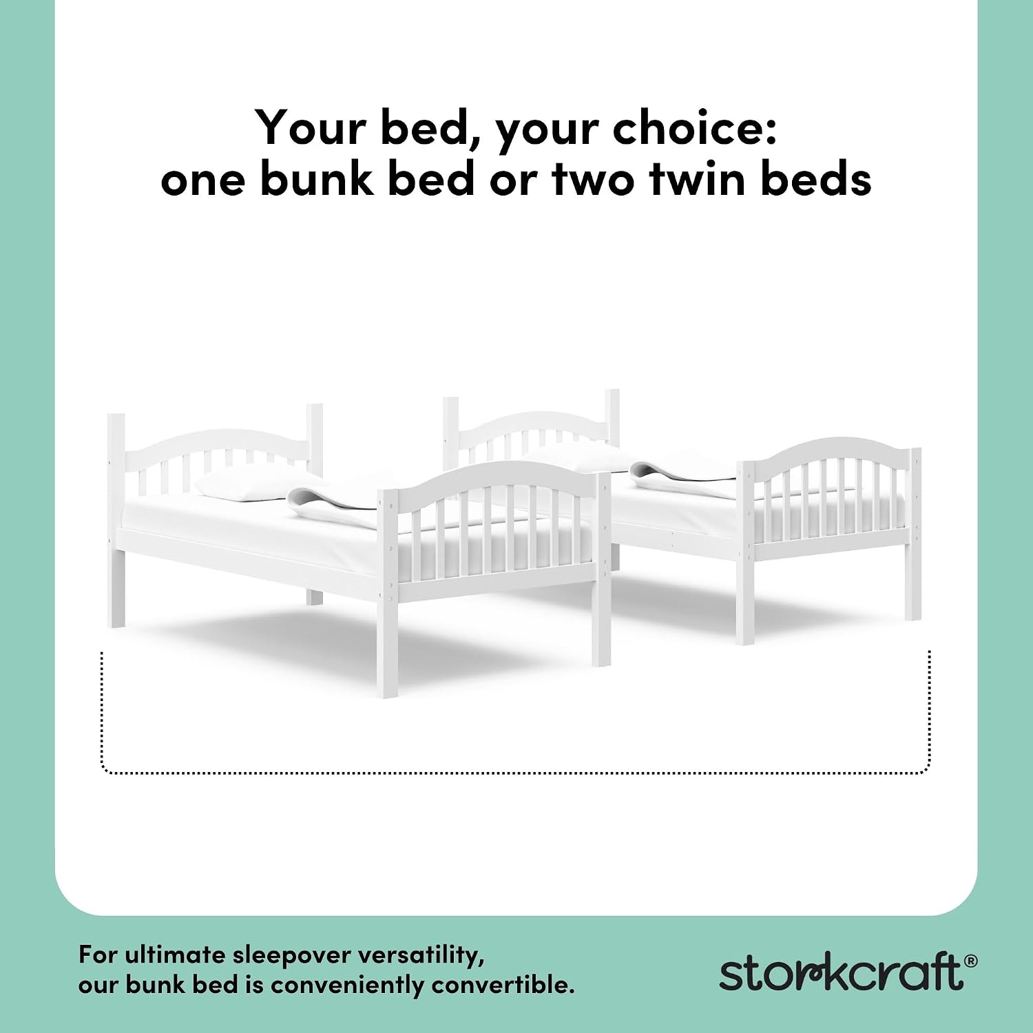 Storkcraft Long Horn Twin-Over-Twin Bunk Bed (White) - GREENGUARD Gold Certified, Converts to Two Twin Beds, Wood Bunk Bed for Kids Bedroom