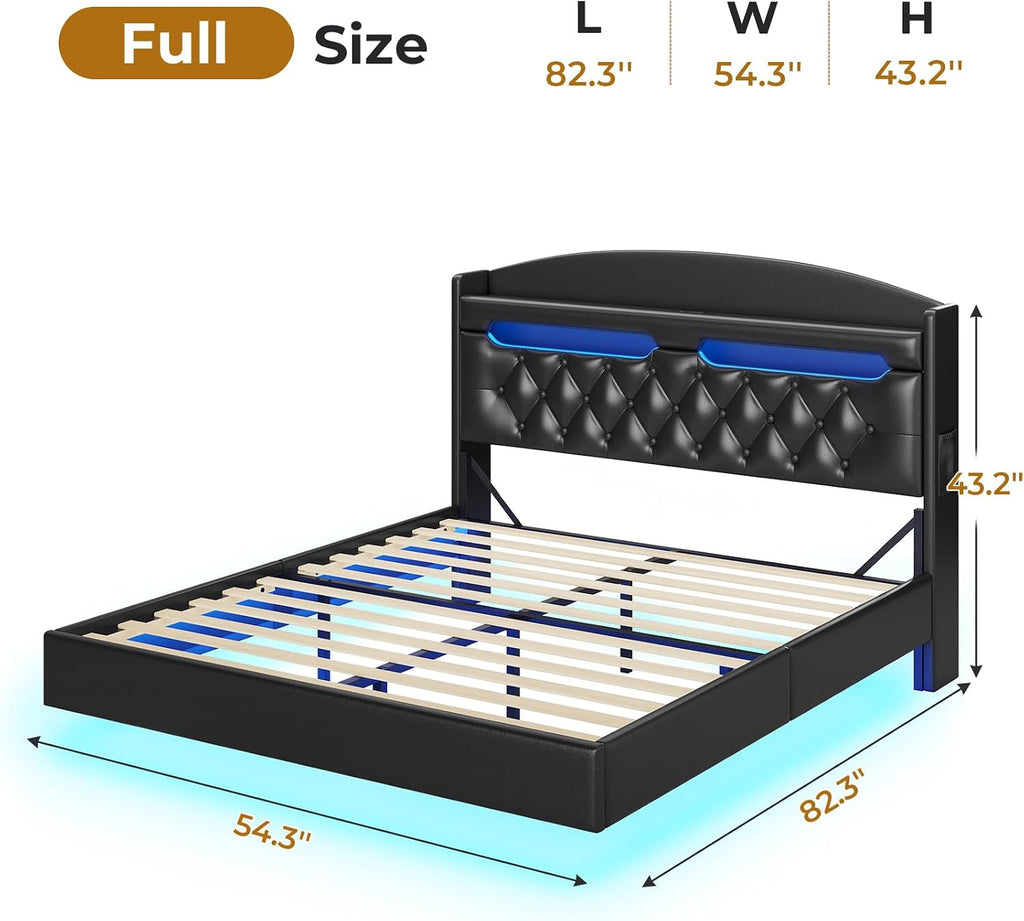 BTHFST Floating Bed Frame Full Size with Type-C Charging Station & Storage Headboard, RGB Floating Platform Bed, No Box Spring Needed, Wooden Slats Support, PU Black