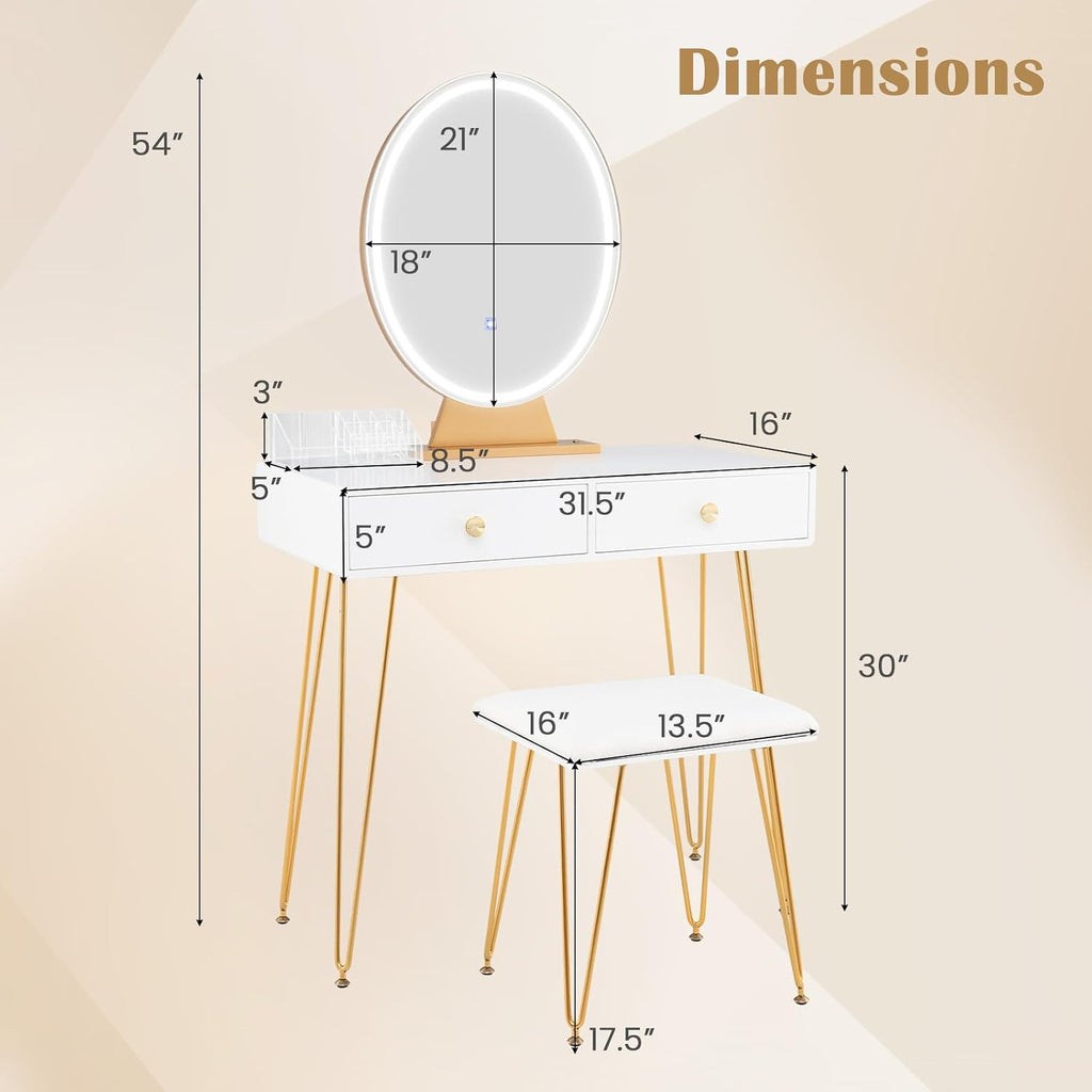 CHARMAID Makeup Vanity Table with Lighted Mirror, Vanity Desk with 2 Large Drawers, Adjustable 3 Lighting Modes, Modern Girls Bedroom Vanity Table with Chair for Small Spaces, White & Gold