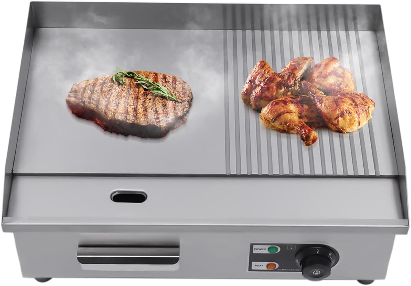 Commercial Electric Griddle 110V, 22' Stainless Steel Flat Top Grill with Dual Zone (Grooved/Flat), Adjustable Temp 122°F-572°F for Restaurant, Diner & Home Kitchen