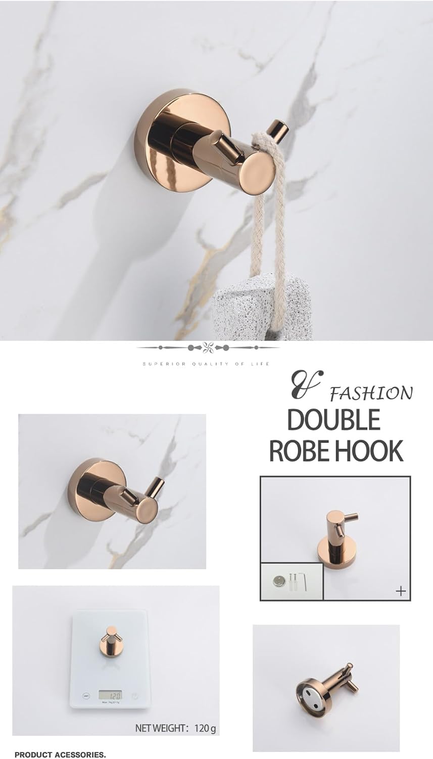 Rose Gold Bathroom Accessories Double Towel Bar Towel Ring Clothes Hook Bathroom Hardware Set,4 Pieces Set