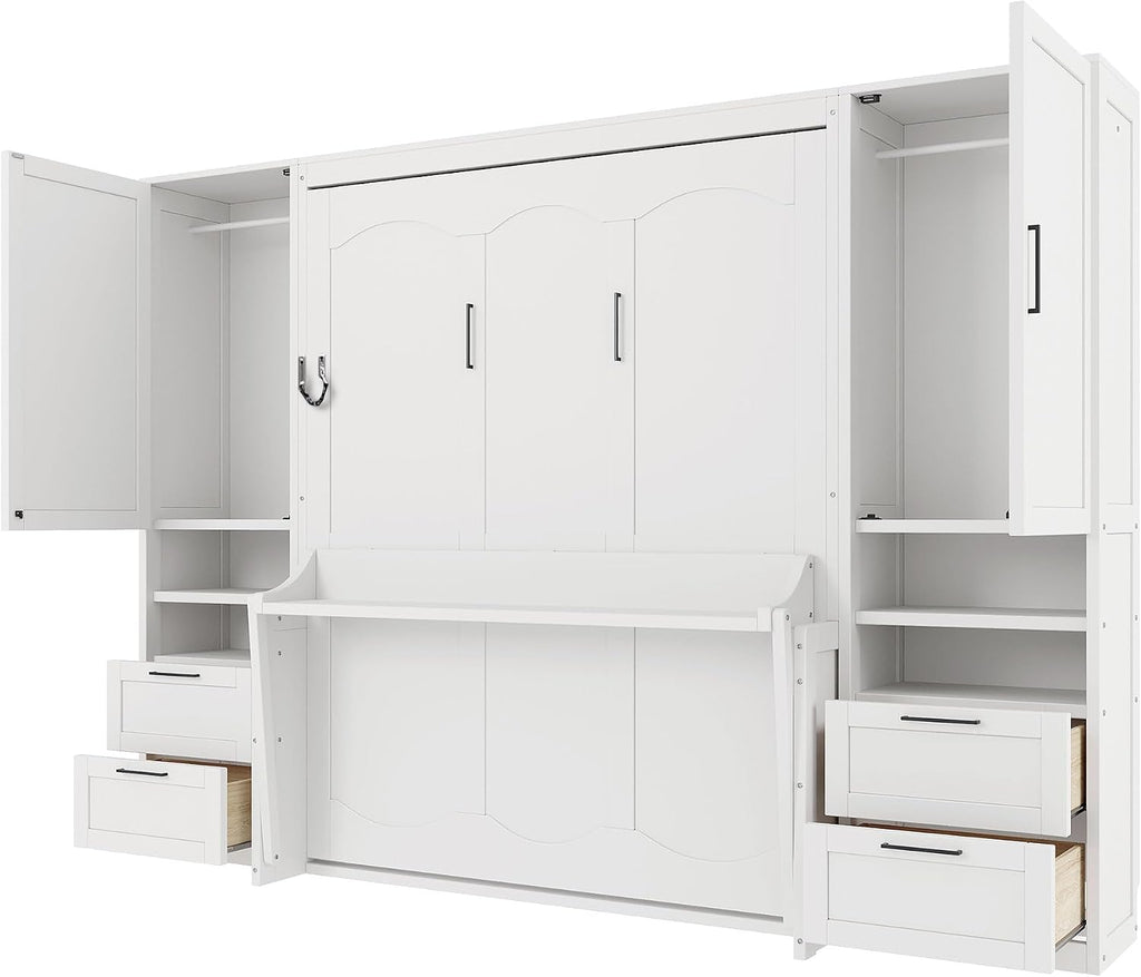 Merax Queen Size Murphy Bed with Desk, Multifunctional Foldable Wall Bed with Closet, Drawers and Shelves, Space-Saving Wood Platform Bed Frame for Small Spaces Studio Study Office Guest Room, White
