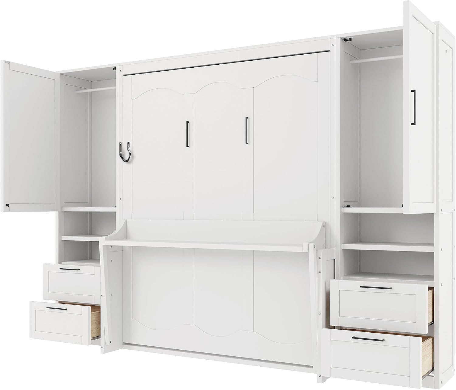 Merax Queen Size Murphy Bed with Desk, Multifunctional Foldable Wall Bed with Closet, Drawers and Shelves, Space-Saving Wood Platform Bed Frame for Small Spaces Studio Study Office Guest Room, White