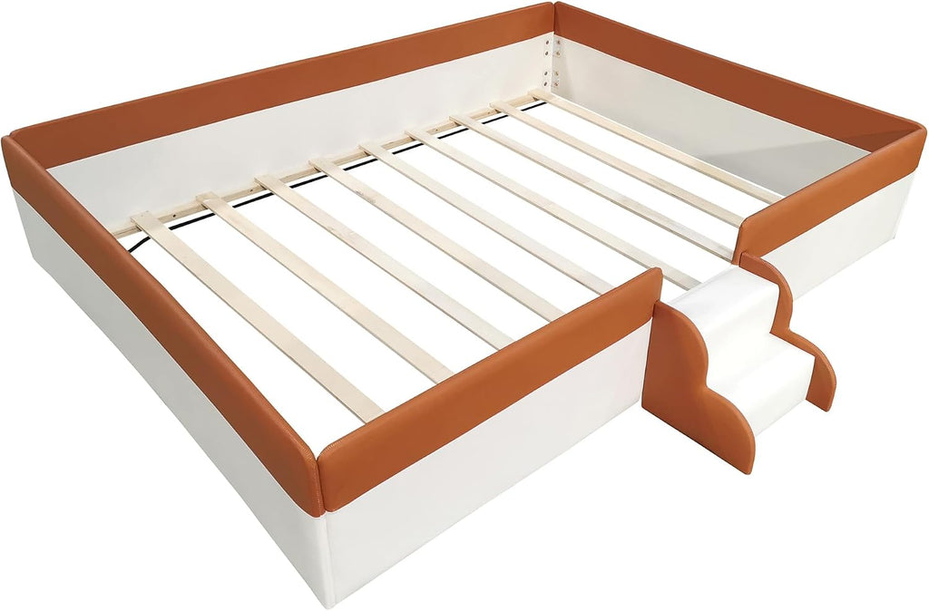 VilroCaz Queen Size Upholstered Daybed Frame with Fence and Stairs, Montessori Kids Floor Bed with Sturdy Slat Support for Kids Boys Girls (Brown+Queen)