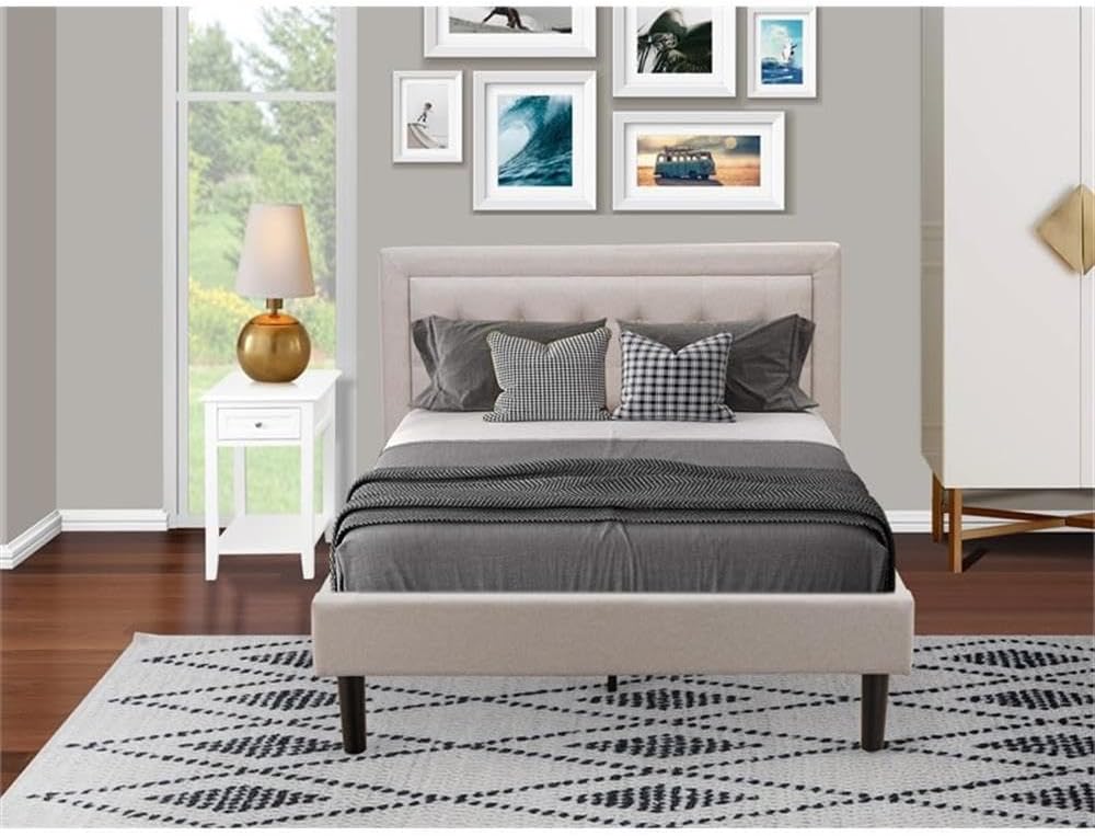 East West Furniture FN08F-1DE05 2-Pc Fannin Bedroom Furniture Set with 1 Full Bed and a Night Stand - Mist Beige Linen Fabric