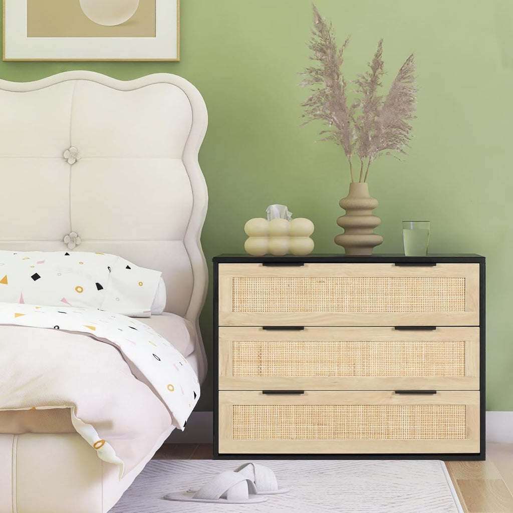 HOPUBUY Large Nightstand with Rattan Drawer, Modern 3 Drawer Night Stand for Bedroom, Wooden Bedside Table for Queen Size and King Size Bed, Black