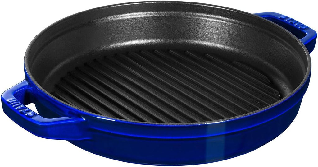 STAUB Cast Iron Set 4-pc, Stackable Space-Saving Cookware Set, Dutch Oven with Universal Lid, Made in France, Dark Blue