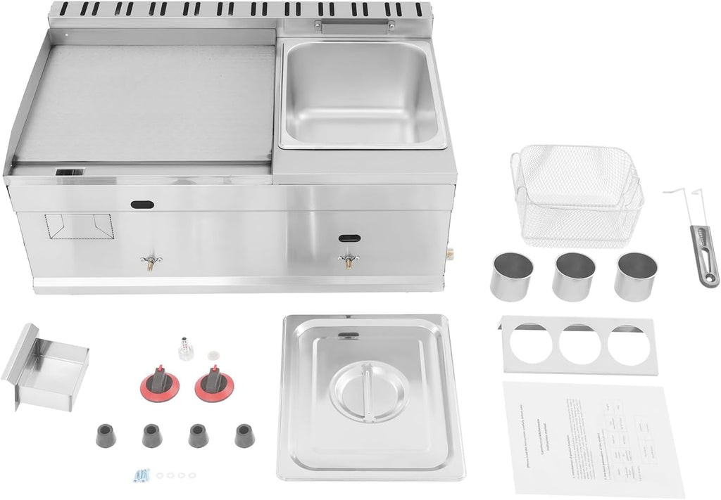 Gas Griddle with Deep Fryer Combo, 6L Commercial Gas Deep Fryer with Basket and Flat Top Combo for Kitchen Restaurant Home, Independent Temperature Control