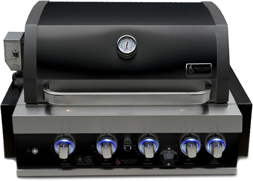 Mont Alpi MABi400-BSSTOOLKIT 32-inch 4 Burner 63000 BTU Black Stainless Steel Built-in Gas Grill + Universal Flat Top Griddle Kit & Pizza Converter + Barbecue 3 Piece Tool Kit with Cleaning Brush