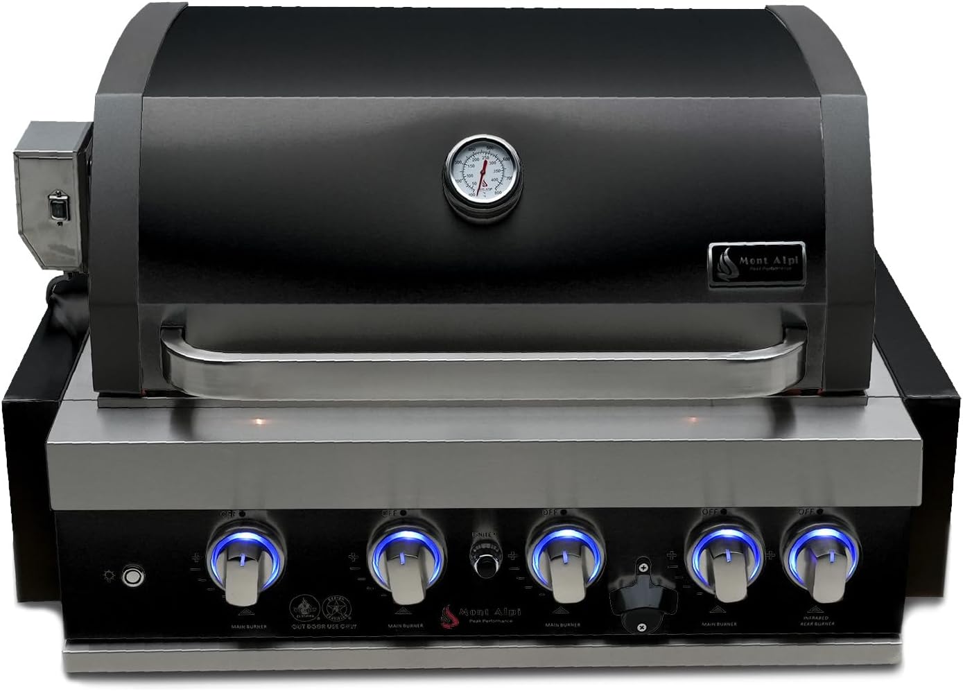 Mont Alpi MABi400-BSSTOOLKIT 32-inch 4 Burner 63000 BTU Black Stainless Steel Built-in Gas Grill + Universal Flat Top Griddle Kit & Pizza Converter + Barbecue 3 Piece Tool Kit with Cleaning Brush