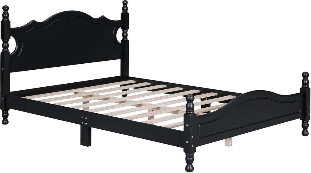 Flieks Full Size Wood Platform Bed Frame for Boys Girls Kids Toddler,Retro Style Platform Bed with Wooden Slat Support,Black